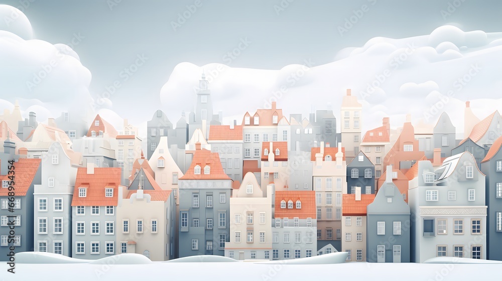 white background buildings in the style of animation. 