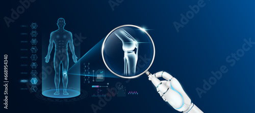 Doctor robot hand holding magnifying glass looking knee joint bone analysis diagnosis with AI technology. Anatomy hologram of the male body. Innovative medical healthcare. Vector.