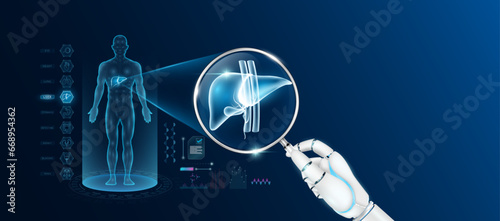 Doctor robot hand holding magnifying glass looking liver analysis diagnosis with AI artificial intelligence technology. Anatomy hologram of the male body. Innovative medical healthcare. Vector.