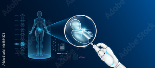 Doctor robot hand holding magnifying glass looking fetus analysis and anatomy hologram of the female body. Diagnosis with AI artificial intelligence technology. Innovative medical healthcare. Vector