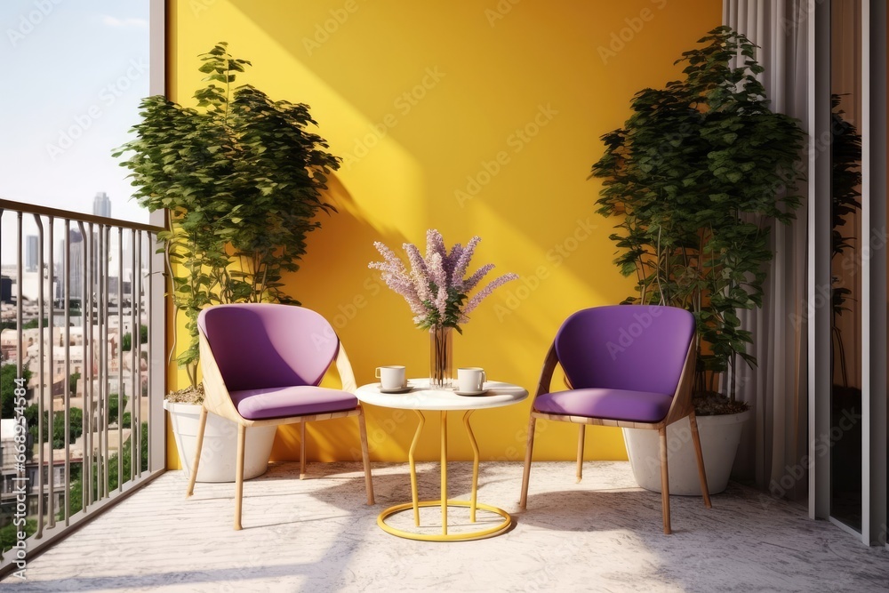 Interior design of modern balcony with yellow wallpaper and purple chairs. Created with Ai