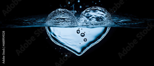 Water in the shape of a heart wit tiny bubbles and a water line, over black background. . Symbolizing hydration, clean water and water conservation.