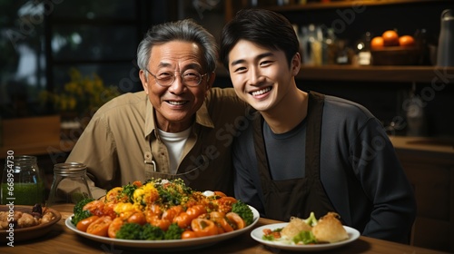 Happy man and woman positive, Mature man with healthy food, Portrait Asian Senior man eating a salad in house, Old elderly male health care eat vegetables and useful foods © Morng