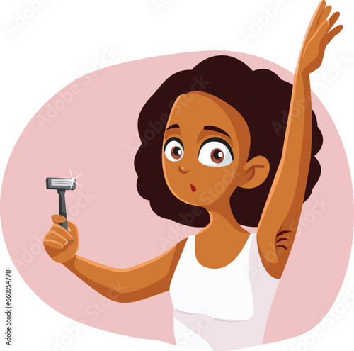 Teen Girl shaving her Armpits Vector Cartoon Character. Teenager holding a razor going through puberty body transformations
 photo