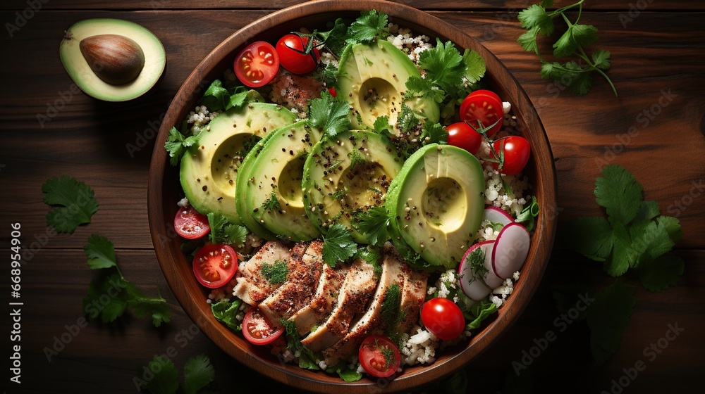 Healthy salad bowl with quinoa, tomatoes, chicken, avocado, lime and mixed greens, lettuce, parsley on wooden background top view 