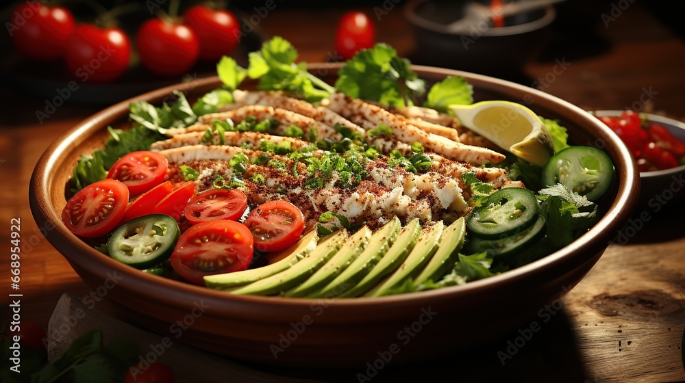 Healthy salad bowl with quinoa, tomatoes, chicken, avocado, lime and mixed greens, lettuce, parsley on wooden background top view Healthy salad bowl with quinoa, tomatoes, chicken, avocado, lime and mixed greens, lettuce, parsley on wooden background top view