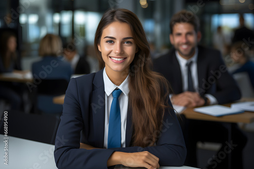 Professional woman in business suit smiling with coworkers.