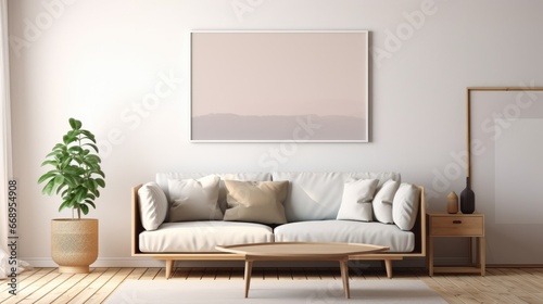 Modern living room interior background  beige sofa with pampas grass and Blank horizontal poster frame mock up.