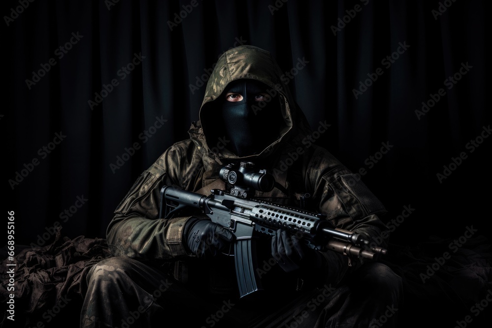 Armed man in a mask with a gun on a dark background, Portrait soldier or private military sitting with a sniper rifle on a Black background, anonymous face, AI Generated Armed man in a mask with a gun on a dark background, Portrait soldier or private military sitting with a sniper rifle on a Black background, anonymous face, AI Generated
