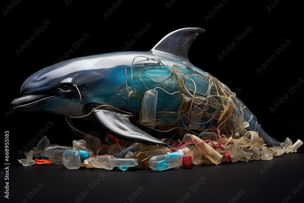 Dolphin with plastic waste on a black background. Plastic pollution concept, Portray the devastating effects of plastic pollution on marine life, emphasizing the need for, AI Generated Dolphin with plastic waste on a black background. Plastic pollution concept, Portray the devastating effects of plastic pollution on marine life, emphasizing the need for, AI Generated