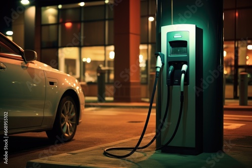 Electric car charging station at night. Selective focus. Toned, Plug the charger to power To vehicles that use electric power to drive, AI Generated