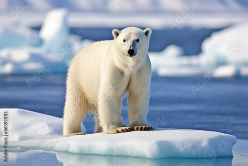 Polar bear Ursus maritimus on the pack ice, north of Svalbard Arctic Norway, A whimsical image of a stranded polar bear, stranded on a barren island. The bear stands surrounded by, AI Generated