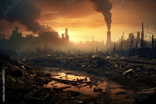 Industrial landscape with pollution of the planet. Global warming concept, Pollution of the environment. Pollution of the environment concept, AI Generated