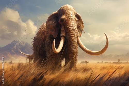 3d illustration of a mammoth in the savannah with mountains in the background, Prehistoric mammoth, AI Generated