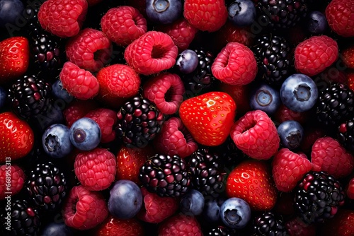 background of fresh raspberries, blackberries, blueberries and strawberries, Raspberry, blueberry, blackberry, strawberry and raspberry background, AI Generated