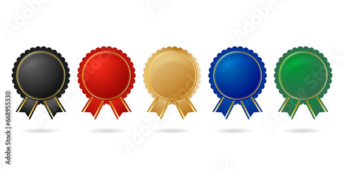 five set of award ribbons on a colorful design isolated white background Presentations, information graphics, User interface designs, Layouts, collage, scene deck, ads campaigns, Promotional marketing photo