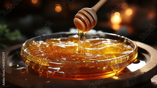 Honey dripping from honey dipper in wooden bowl. Close-up. Healthy organic Thick honey dipping from the wooden honey spoon, closeup