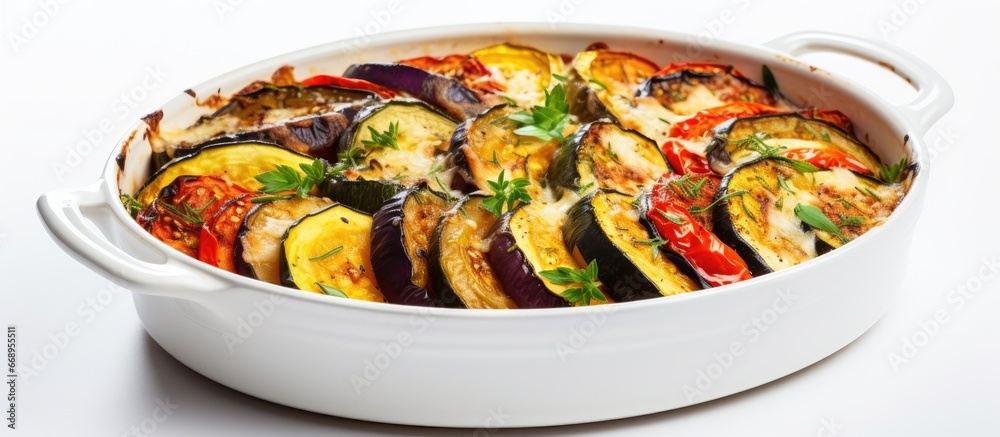 Traditional French dish with baked vegetables in sauce ratatouille on white background Traditional French dish with baked vegetables in sauce ratatouille on white background