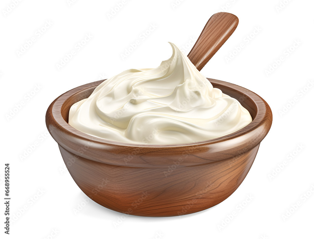 Sour cream in wooden bowl and spoon, mayonnaise, yogurt, isolated on transparent Sour cream in wooden bowl and spoon, mayonnaise, yogurt, isolated on transparent