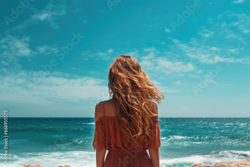 Back view of young woman in red dress looking at the sea, rear view of a Woman enjoying the view at the beach or ocean, AI Generated © Ifti Digital