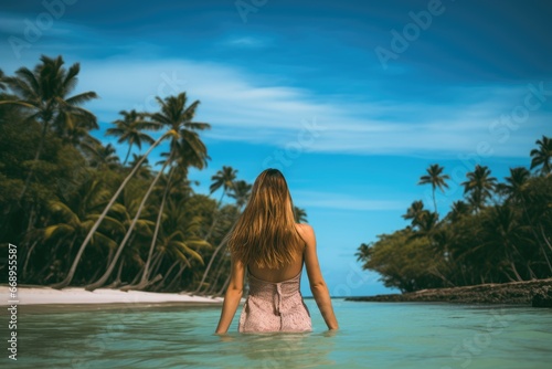 Young woman on a tropical beach with palm trees and turquoise water, rear view of a Young beautiful woman having fun on tropical seashore, AI Generated © Ifti Digital