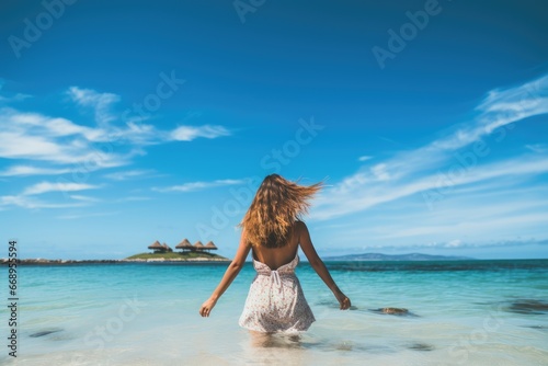 Young woman in white dress on the beach with blue sky background, rear view of a Young beautiful woman having fun on tropical seashore, AI Generated