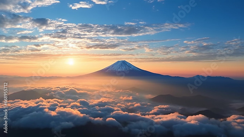 sunrise from the top of the mount Fuji. The sun is shining strong from the horizon over all the clouds and under the blue sky.