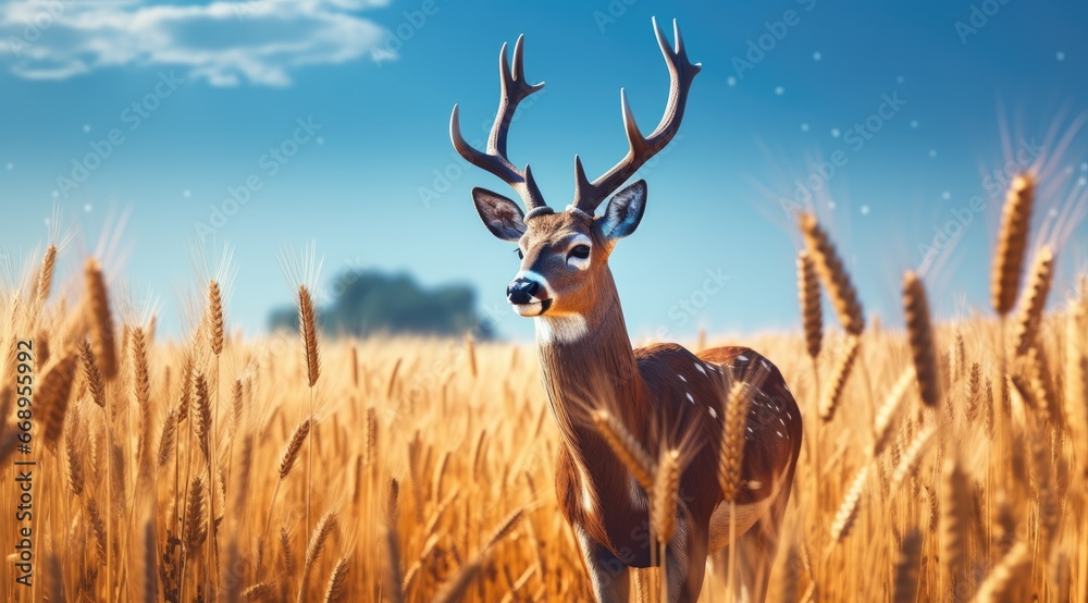 Obraz premium Beautiful roe deer standing in a grain field. Deer in the nature habitat. Generative AI