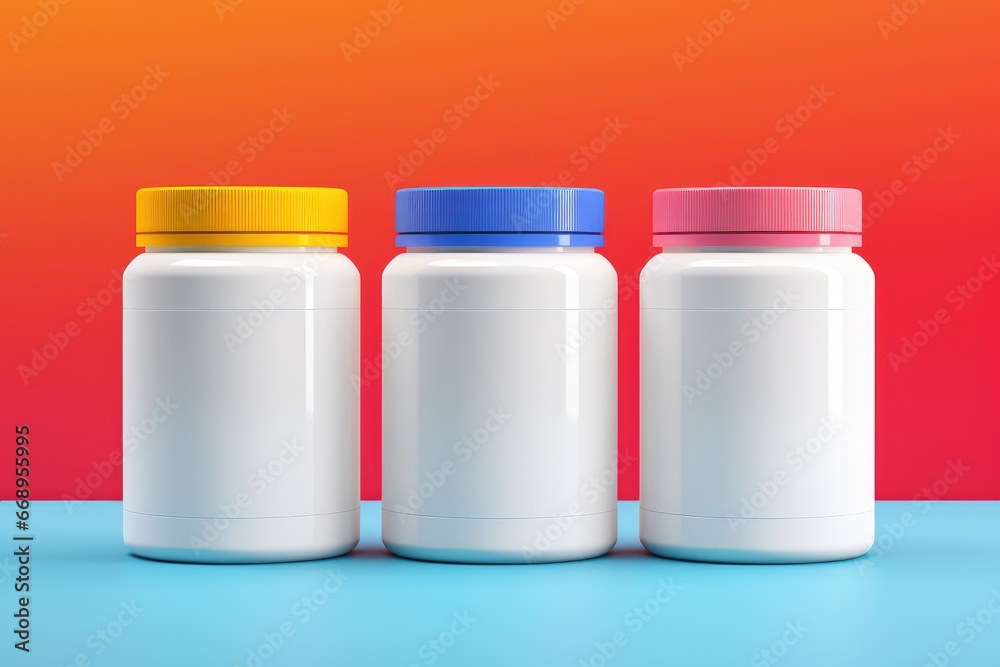 White plastic bottle for pills or food supplement on color background. Generative AI White plastic bottle for pills or food supplement on color background. Generative AI