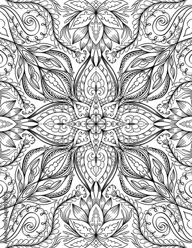 Mandala ornamental adult coloring book page, black outline on white background