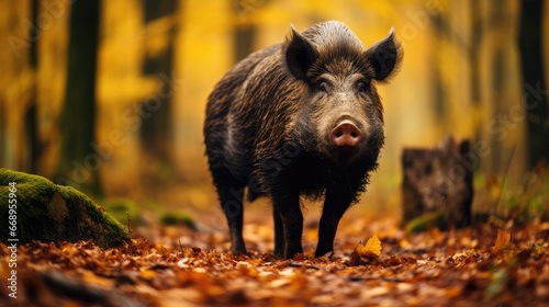 Lonely wild boar walks in forest. Generative AI