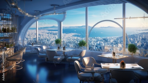 Panoramic hotel restaurant overlooking the ocean or cityscape. Generative AI