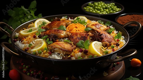Indian food Curry butter chicken, Palak Paneer, Chiken Tikka, Biryani, Vegetable Curry, Papad, Dal, Palak Sabji, Jira Alu, Rice with Saffron on dark background
