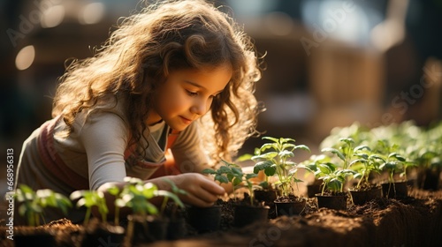 Little girl with vegetable plants farming and gardening concept. Daughter planting vegetable in home garden field use for people family