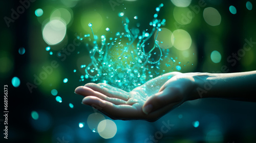 Hand touching light blue and green sparkles and abstract glow on air