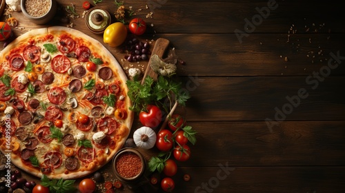 The pizza party dinner. Flat-lay rustic wooden table with various kinds of Italian pizza, top view. Fast food lunch, celebration
