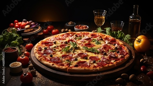 The pizza party dinner. Flat-lay rustic wooden table with various kinds of Italian pizza, top view. Fast food lunch, celebration