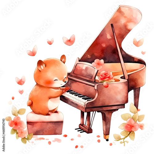 cute bear playing piano,  Joyful Woodland Harmony: Happy Animals with Musical Instruments in Artistic Watercolor
