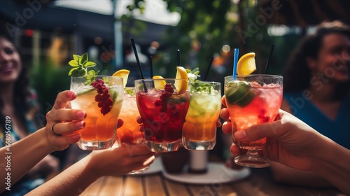 vibrant summer cheers: friends toasting multicolored cocktails on terrace