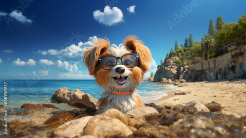 Funny dog ​​with glasses on the beach. Dog on vacation in the sun. © senadesign