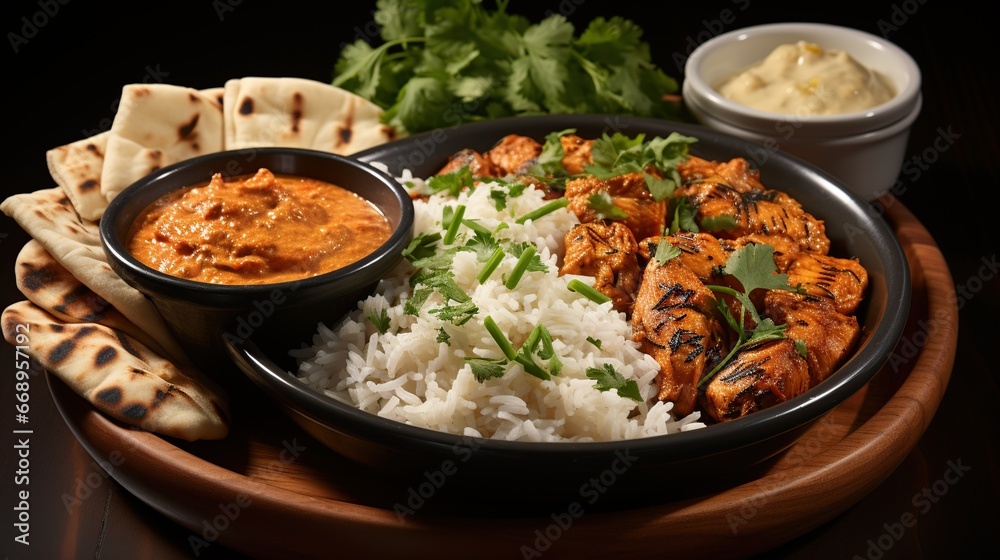 National Saudi Arabian dish chicken kabsa with roasted chicken quarter and almonds National Saudi Arabian dish chicken kabsa with roasted chicken quarter and almonds