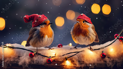 two robins wearing santa hats and christmas decorations photo