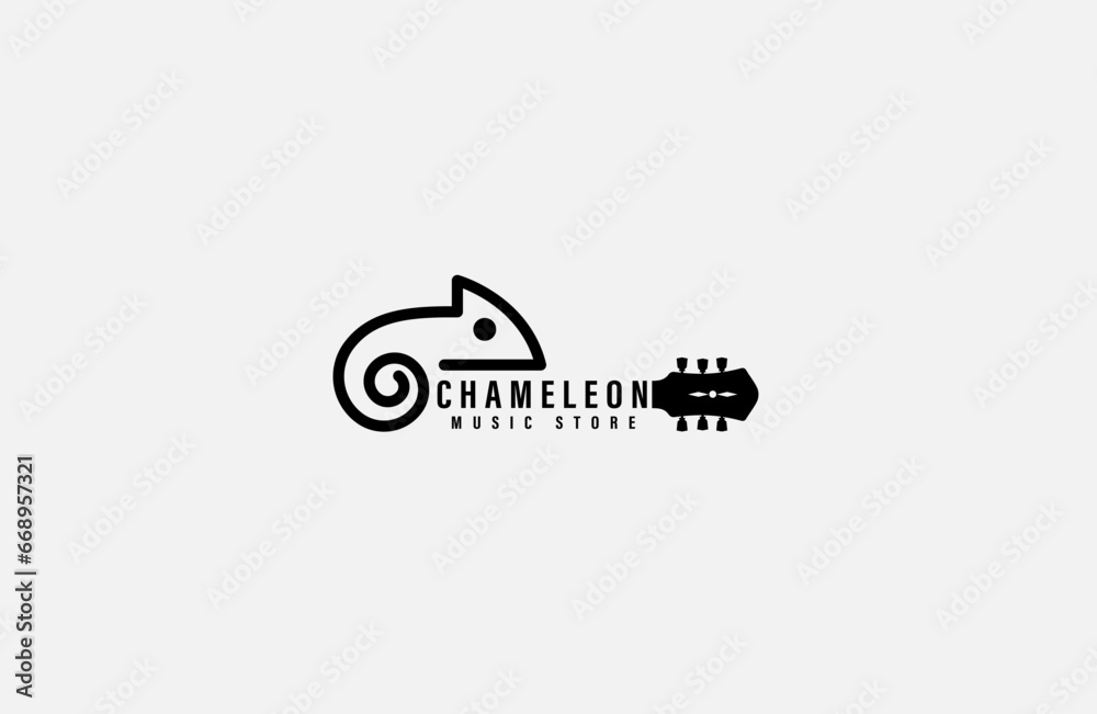 Chameleon perched on a guitar logo