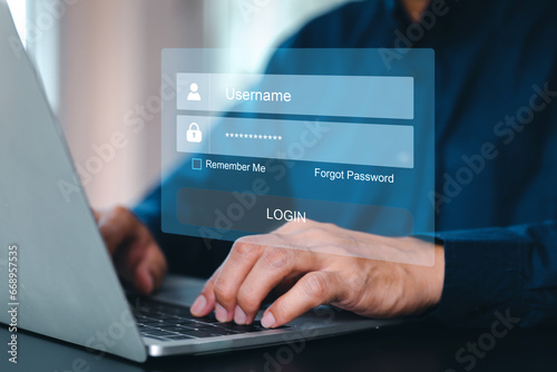 Businessman use laptop and touch screen login username and password identity or sign up register of cyber security internet access join social or personal data protection or forget pass key unlock.