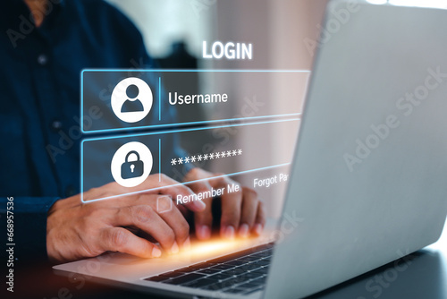 Businessman use laptop and touch screen login username and password identity or sign up register of cyber security internet access join social or personal data protection or forget pass key unlock.