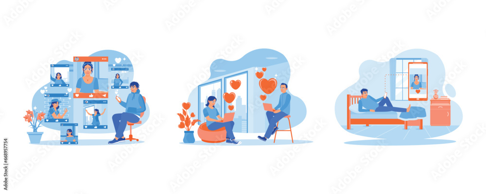 Online Dating concept. Visit online dating sites. Couples send love messages to each other. Man looking at a photo of girl. Set Trend Modern vector flat illustration