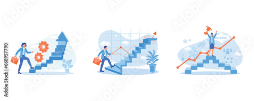 Women get promoted. A businessman walks up carrying a briefcase. Which leads to success. Career Development Concept. set trend modern vector flat illustration