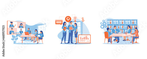 Online video conferencing via screen. Discuss with presentations. Discuss in the document storage room. Discuss Information concept. set trend modern vector flat illustration