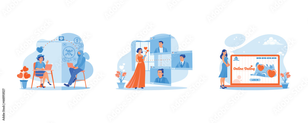 Online Dating concept. Online dating with a fake boyfriend. Woman visits online dating site. Set Trend Modern vector flat illustration Online Dating concept. Online dating with a fake boyfriend. Woman visits online dating site. Set Trend Modern vector flat illustration