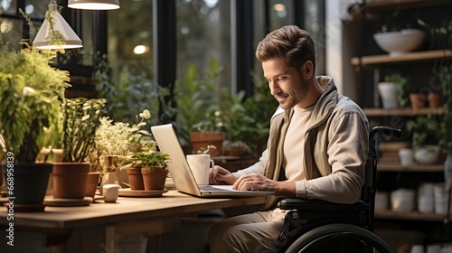 Young man wheelchair user in casual clothes looking at laptop screen during online work in modern living room